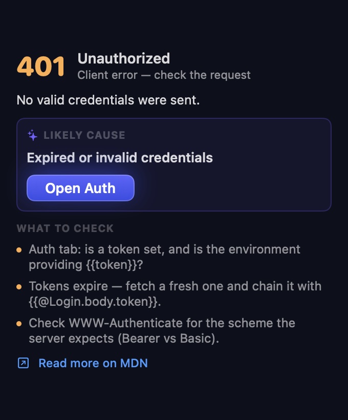 The status popover for a 401 response showing the likely cause, expired or invalid credentials, with an Open Auth button