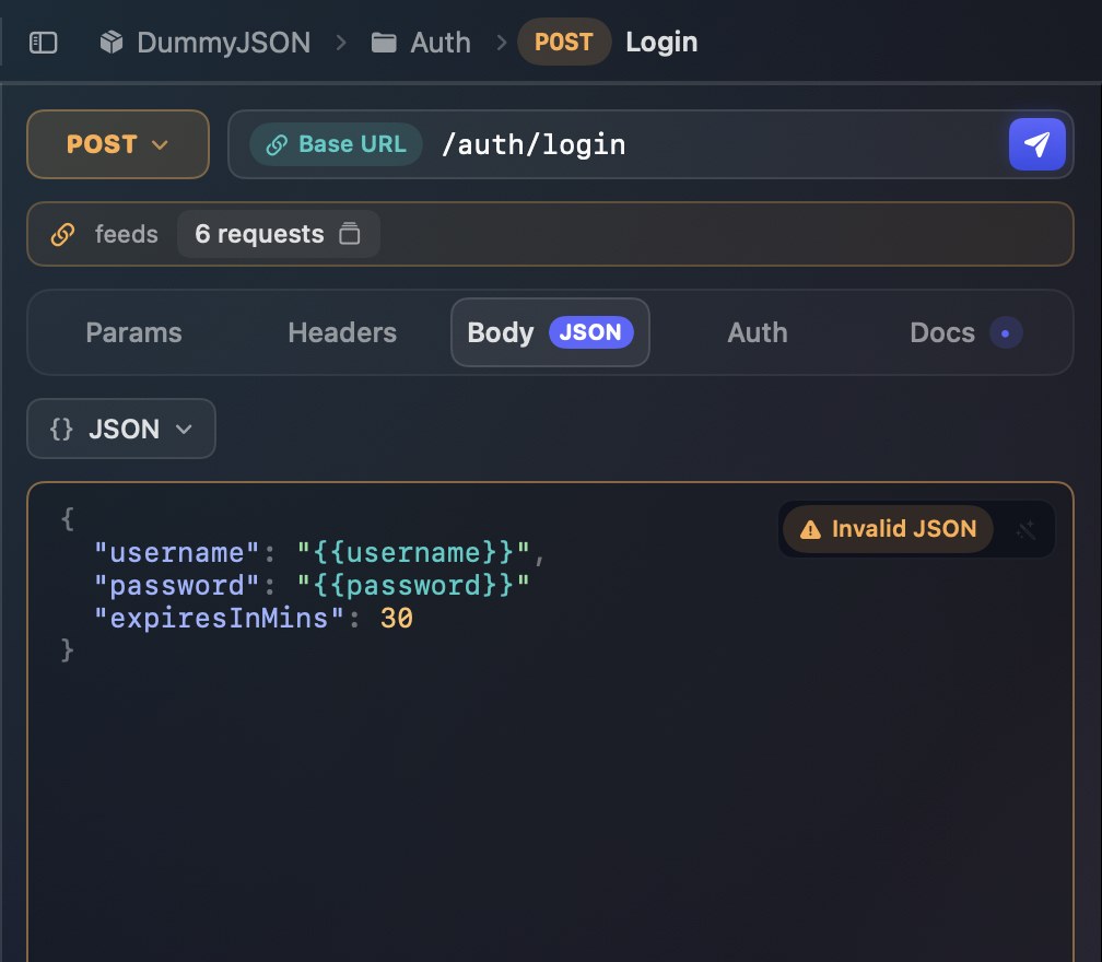 The JSON body editor with syntax highlighting and an Invalid JSON badge in the corner