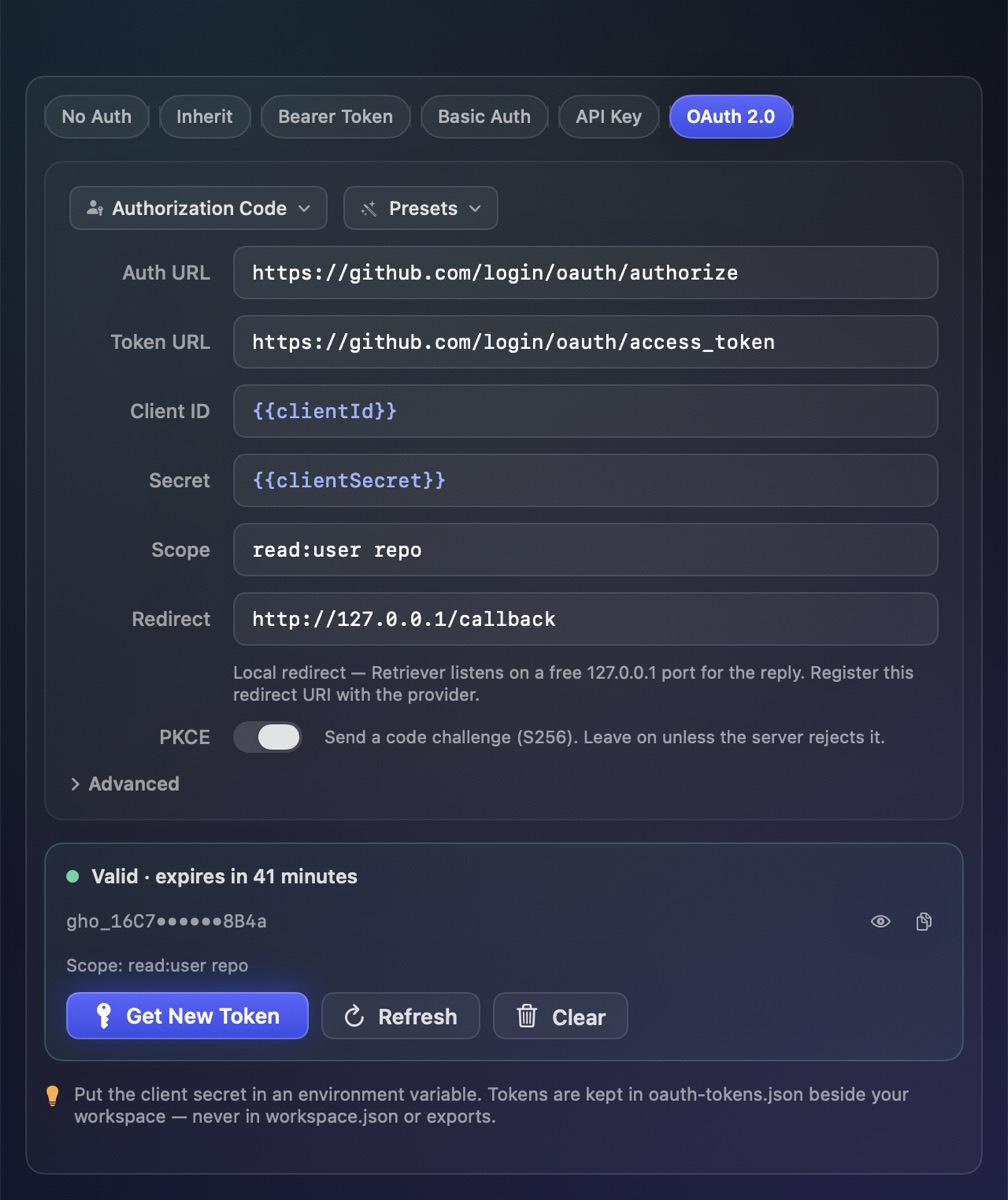 The OAuth 2.0 settings in the Auth tab with a valid token, its expiry and scopes
