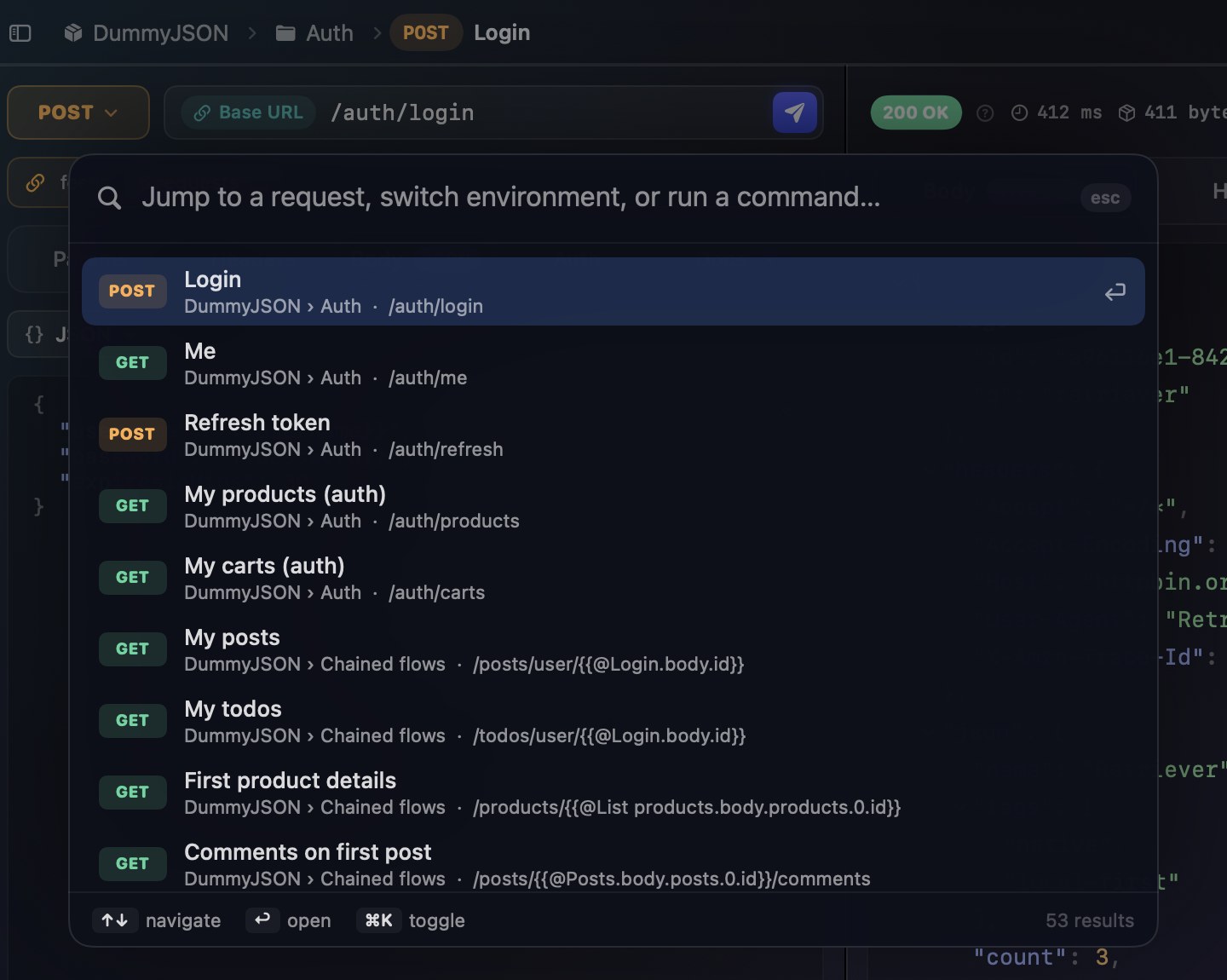 The command palette listing requests, environments and commands