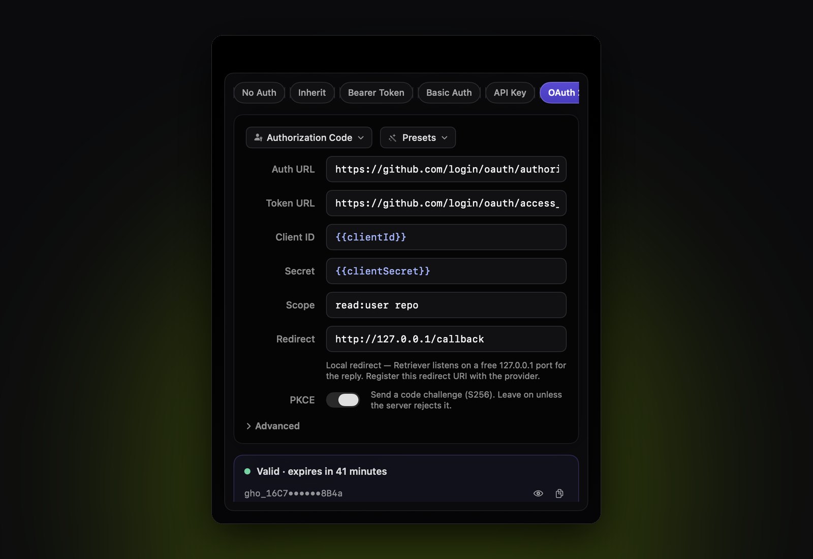 The OAuth 2.0 settings with the GitHub preset, PKCE on and a valid token that expires in 41 minutes
