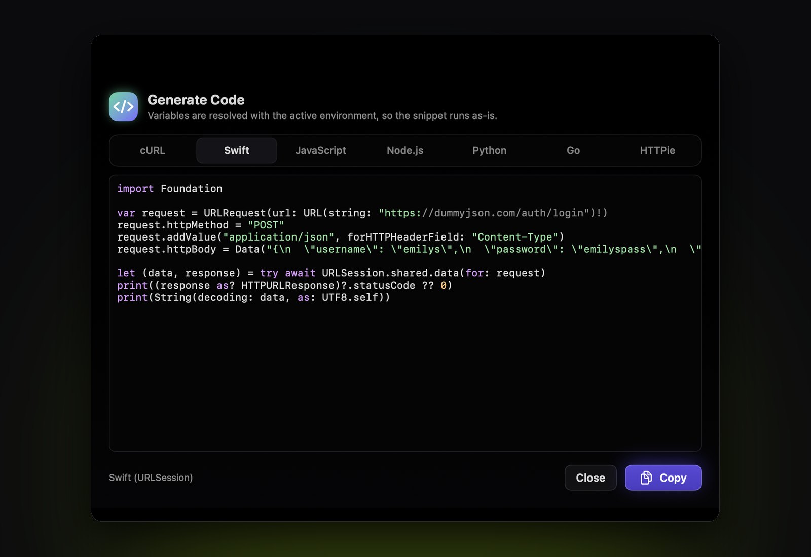 The Generate Code sheet showing the Login request as Swift URLSession code, with tabs for six other languages