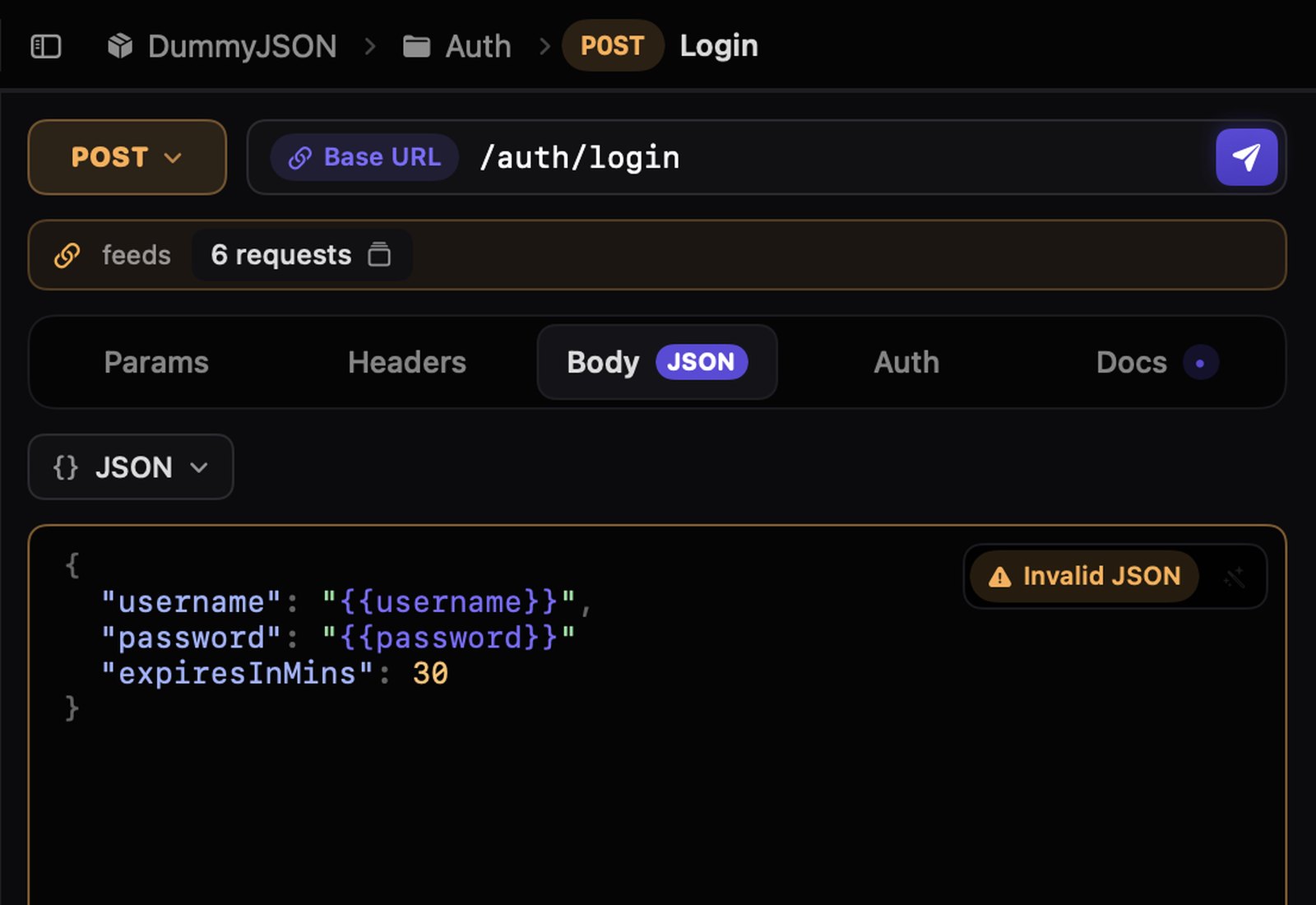A Login request's JSON body with a missing comma, flagged by an Invalid JSON badge in the editor's corner