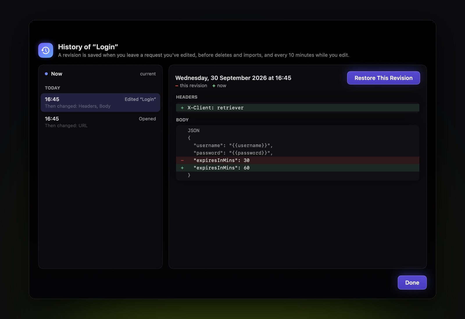 The history of the Login request: earlier revisions listed on the left, a line diff of headers and body against now on the right