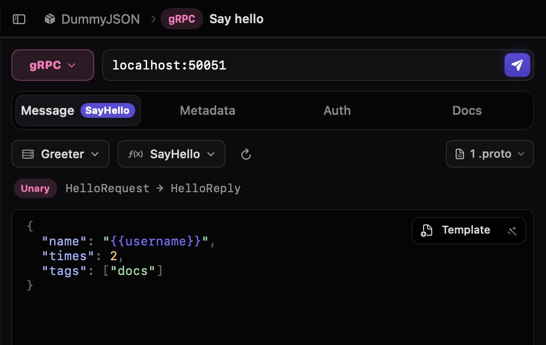 A gRPC SayHello call to localhost with a JSON message and the reply