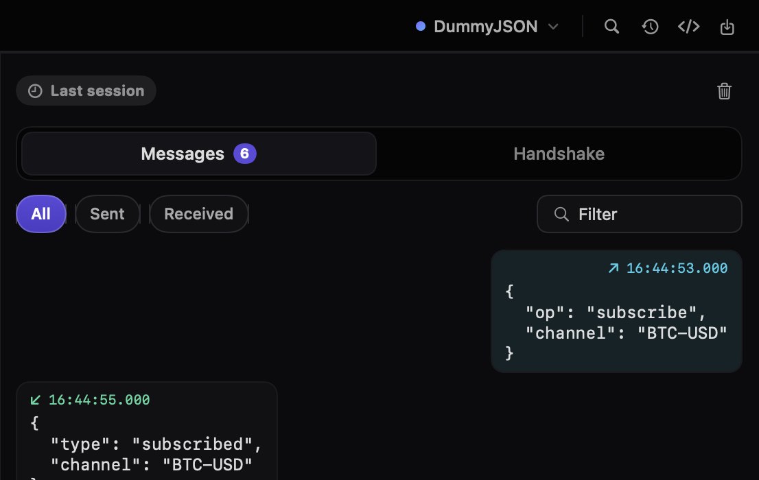 A WebSocket price feed: a subscribe message sent and ticks received, in a chat-style log