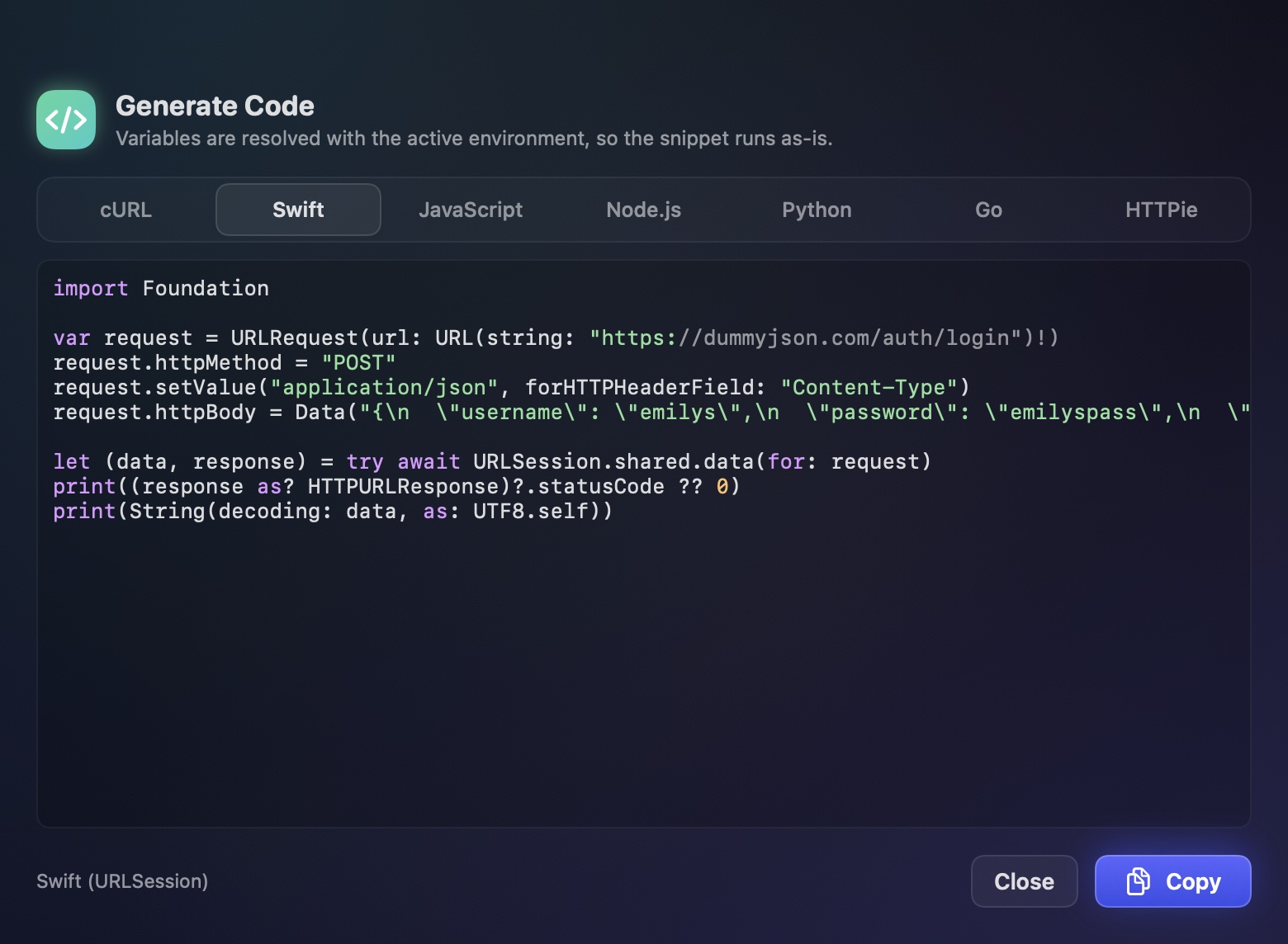 The Generate Code sheet showing a Swift URLSession snippet