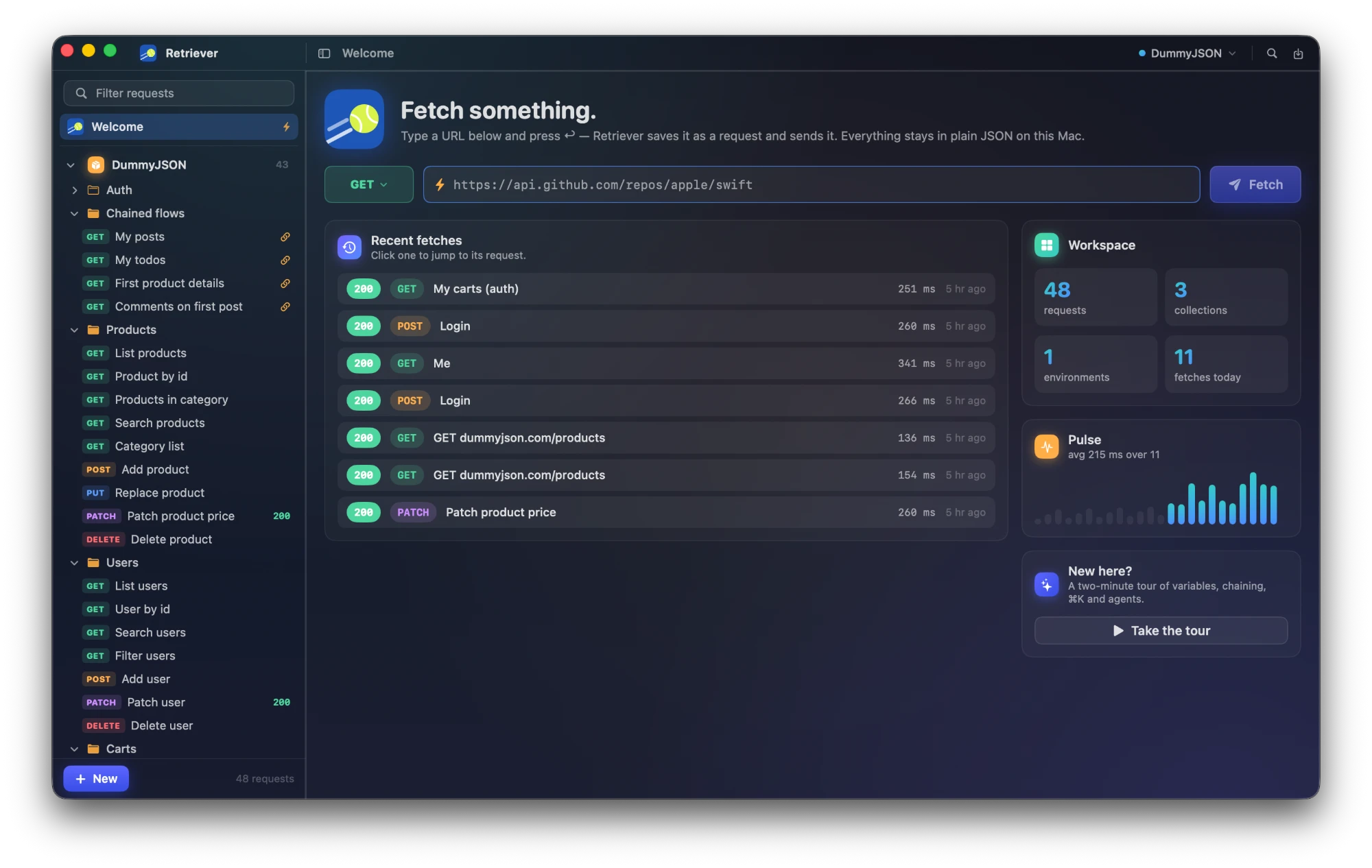 Retriever: the Welcome screen with a quick-fetch URL bar, recent fetches with status and timing, workspace stats and a response-time pulse chart, next to the request sidebar