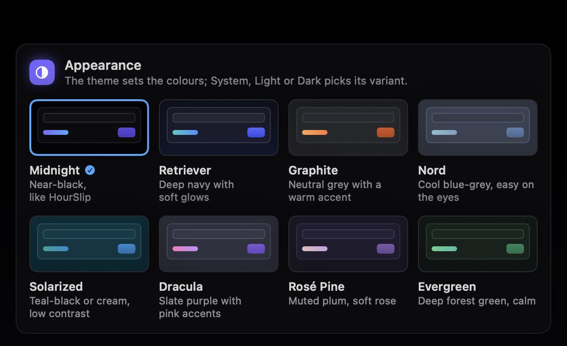 Settings, Appearance: swatches for the Midnight, Retriever, Graphite, Nord, Solarized, Dracula, Rosé Pine and Evergreen themes
